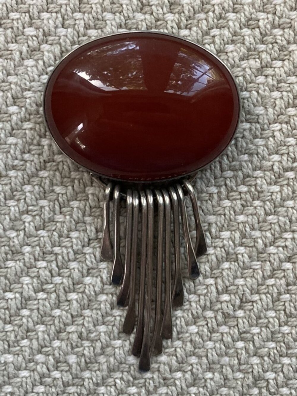 Vintage Sterling Silver Carnelian Brooch Pendant, Oval Red Stone, Mexico, AIS